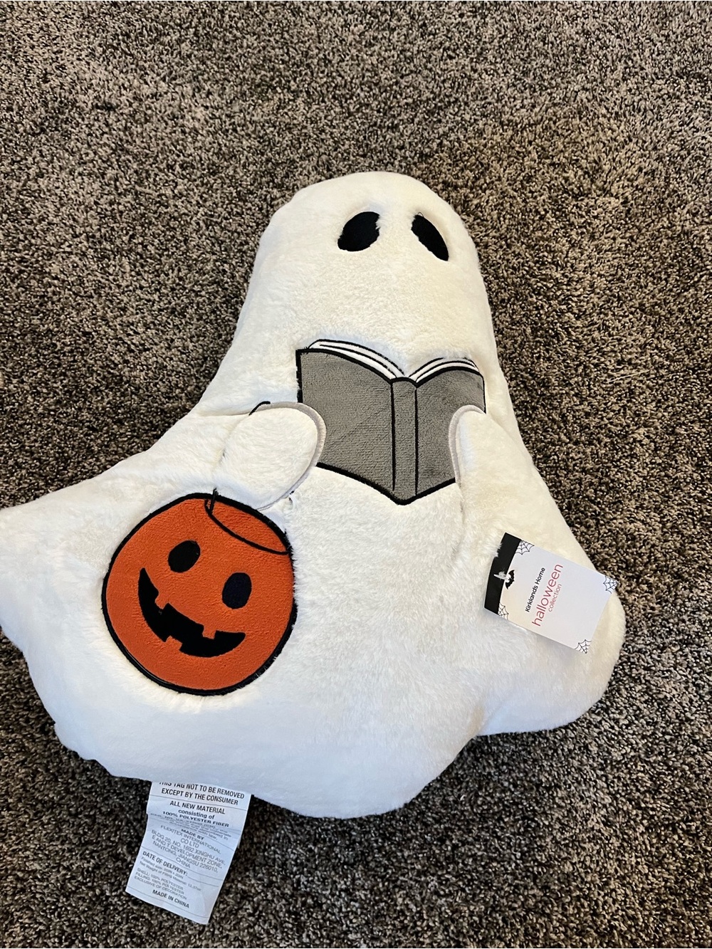 Ghost with book and pumpkin pillow